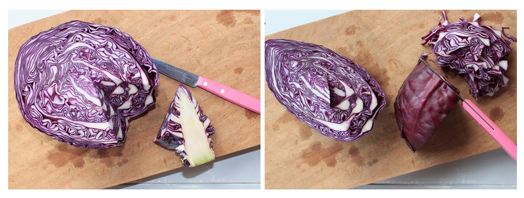 Low Carb - Rotkohl-Eintopf, Rotkohl liegt auf einem Schneidebrett